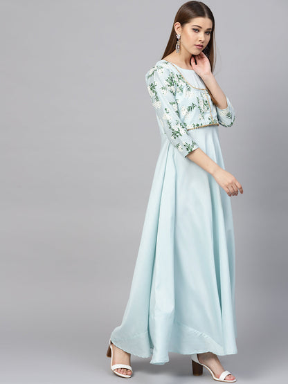 Women's Aqua Blue Poly Silk Solid Kurta With Printed Jacket