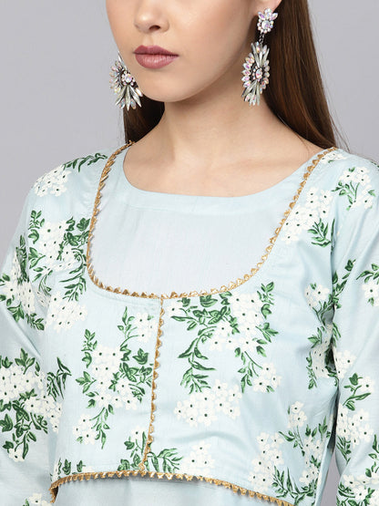 Women's Aqua Blue Poly Silk Solid Kurta With Printed Jacket