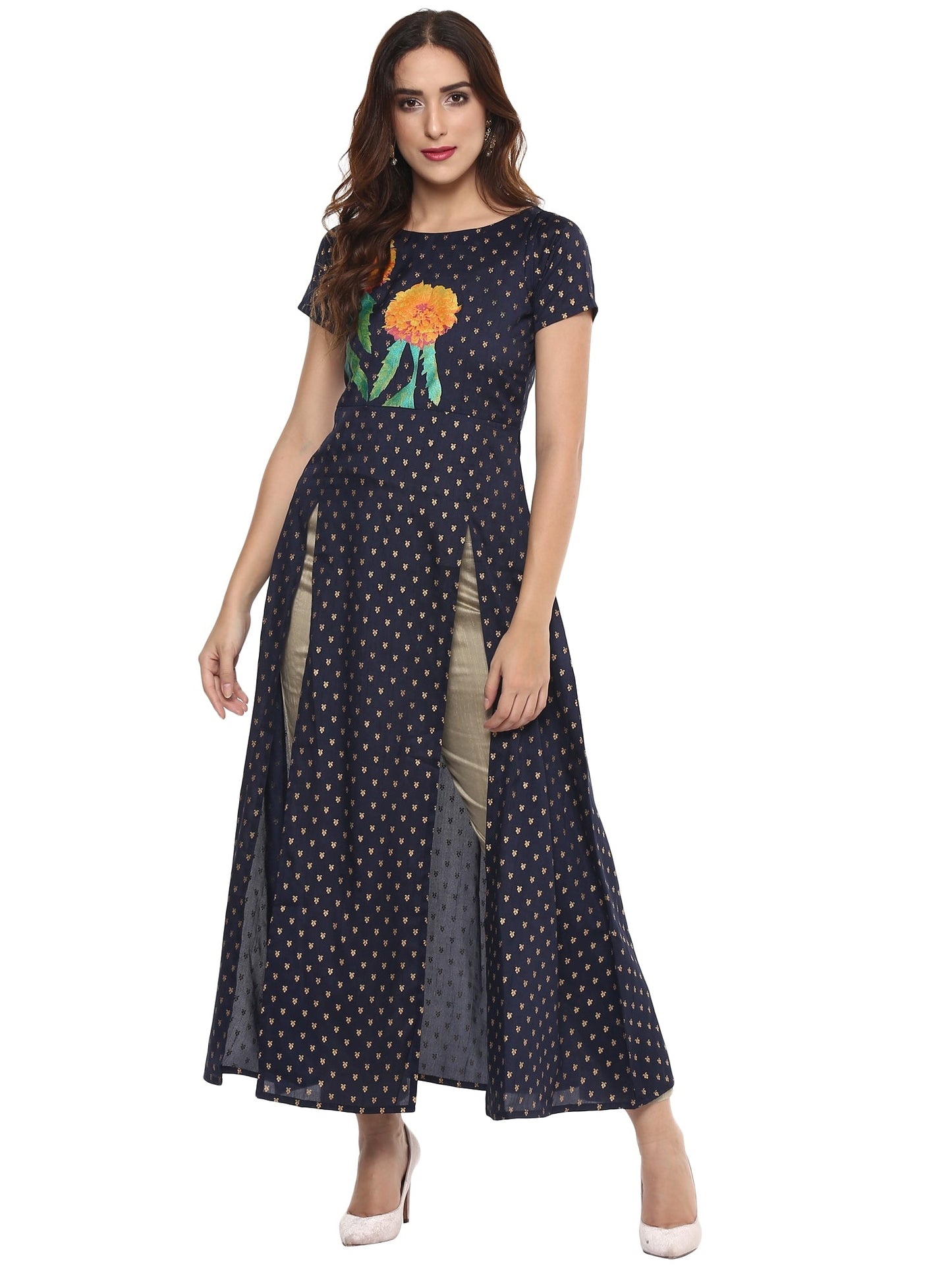 Women's Flared Navy Blue Faux Silk Marigold Print Festive Only Kurta
