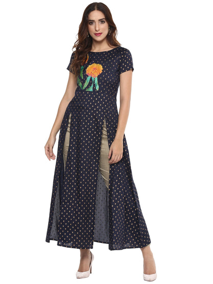 Women's Flared Navy Blue Faux Silk Marigold Print Festive Only Kurta