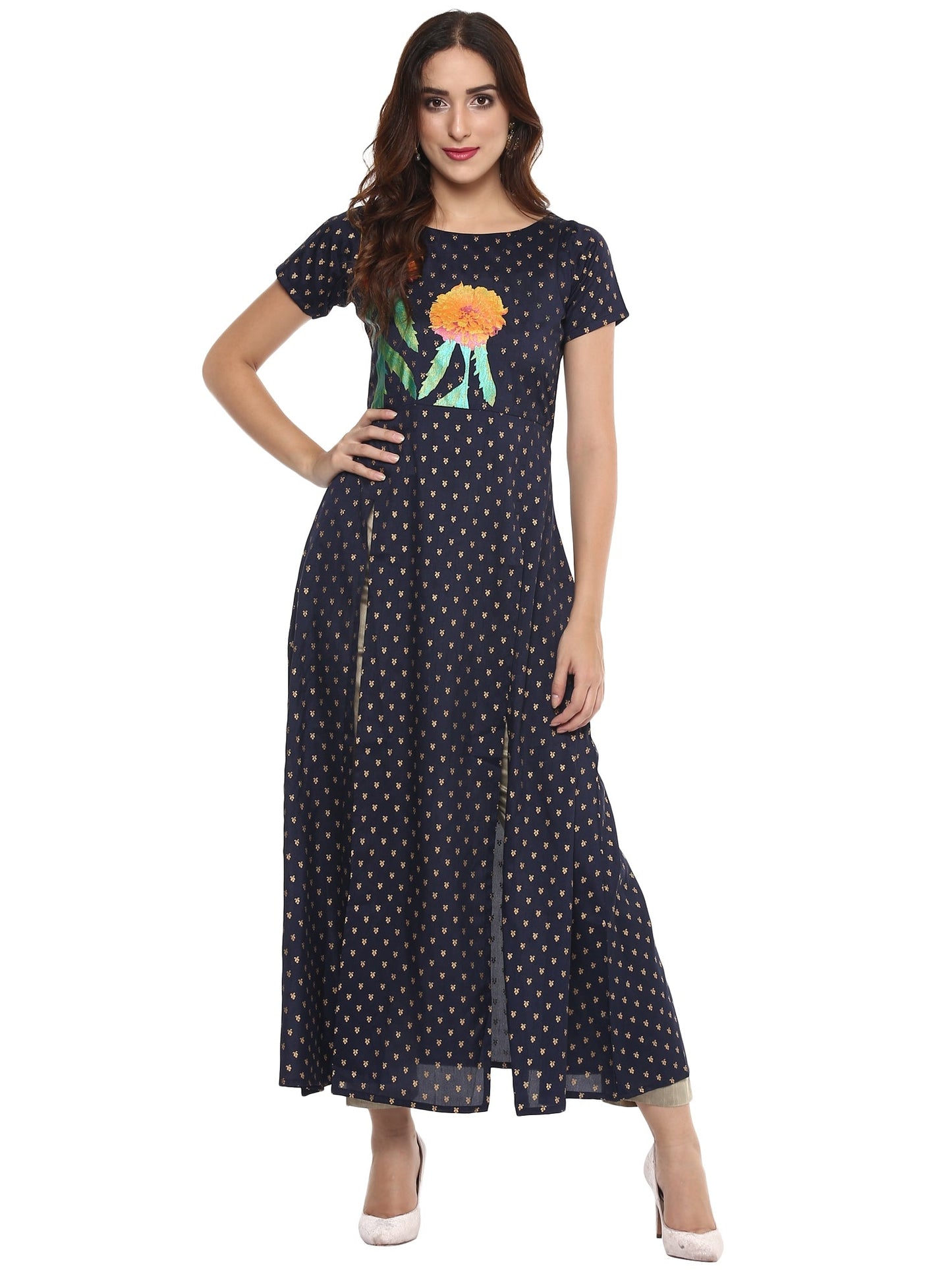 Women's Flared Navy Blue Faux Silk Marigold Print Festive Only Kurta