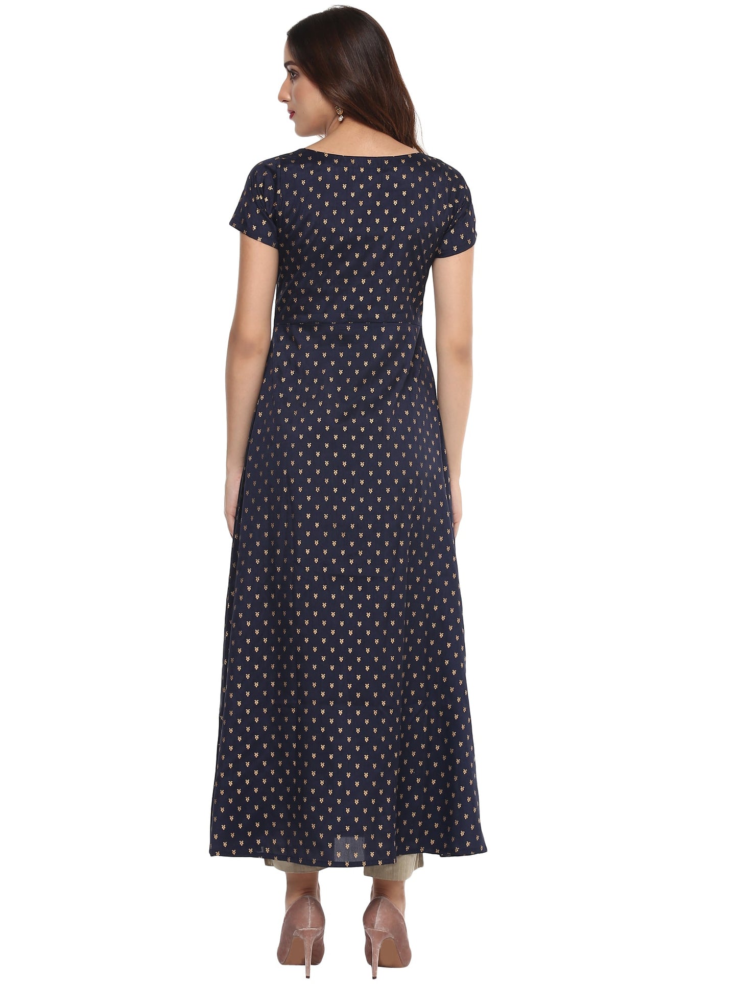 Women's Flared Navy Blue Faux Silk Marigold Print Festive Only Kurta