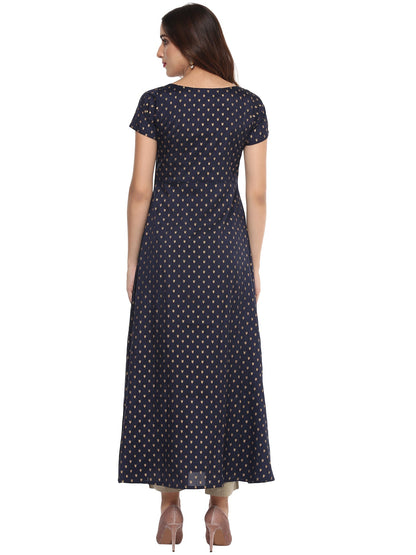 Women's Flared Navy Blue Faux Silk Marigold Print Festive Only Kurta