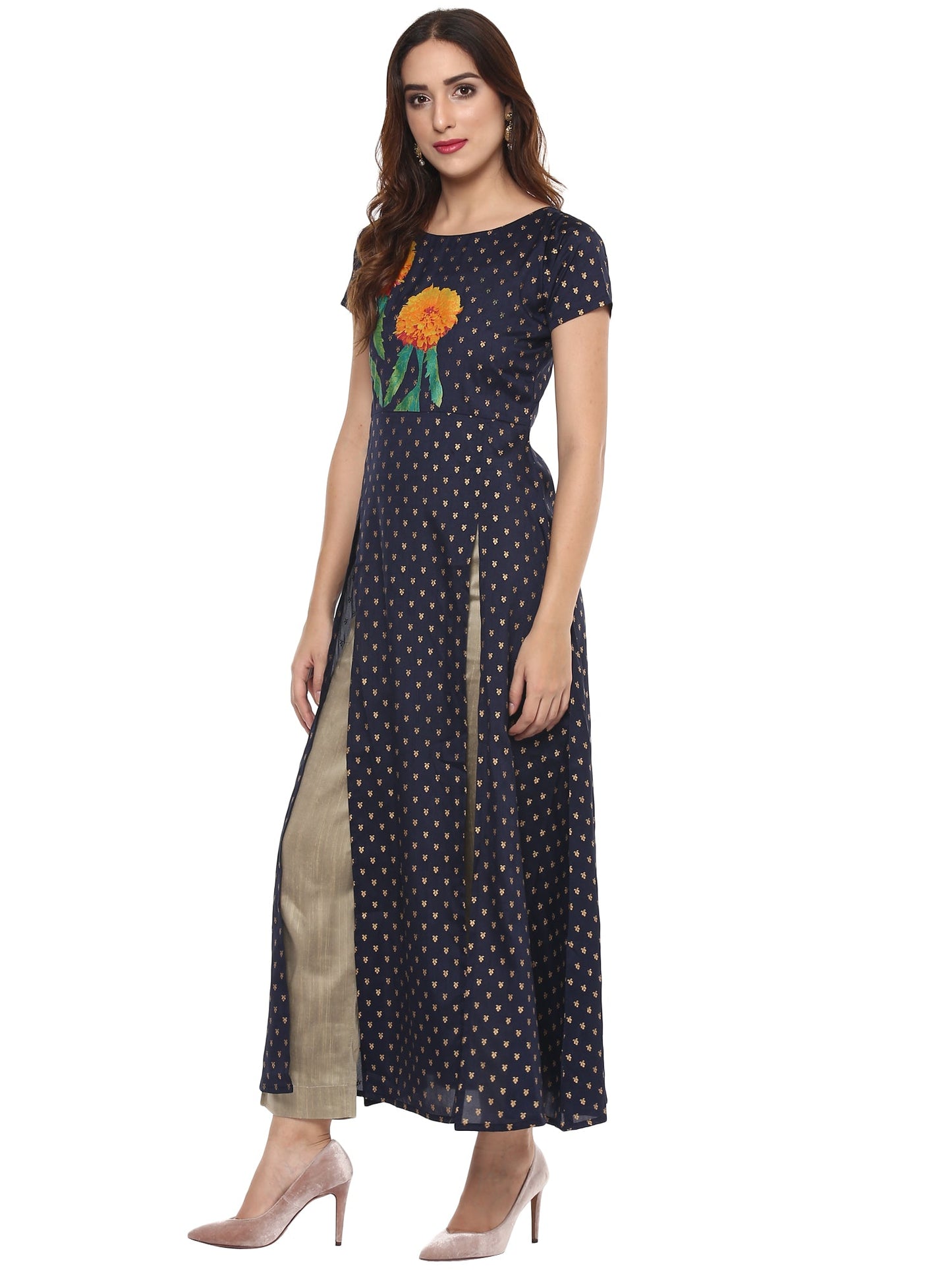 Women's Flared Navy Blue Faux Silk Marigold Print Festive Only Kurta