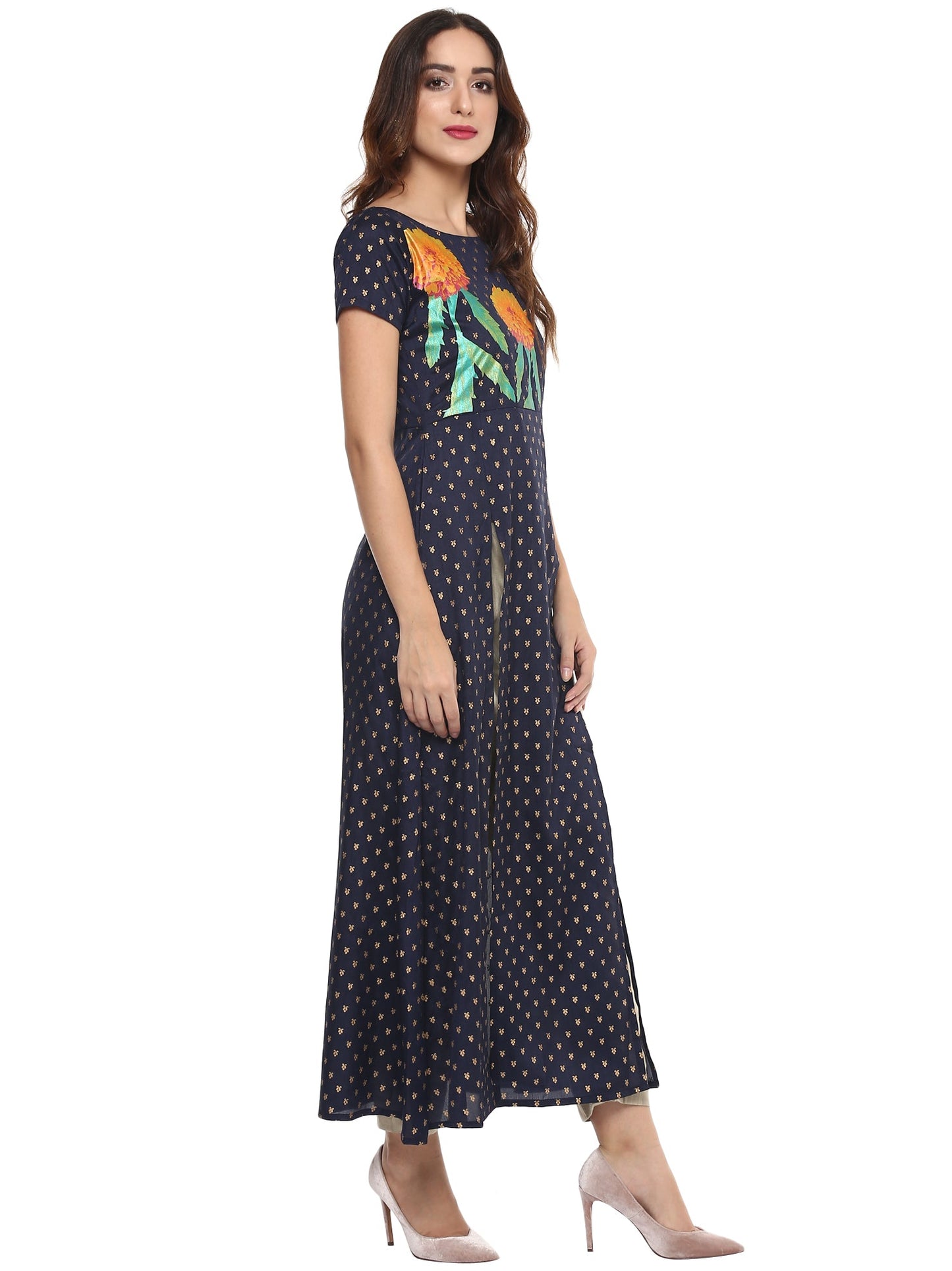 Women's Flared Navy Blue Faux Silk Marigold Print Festive Only Kurta
