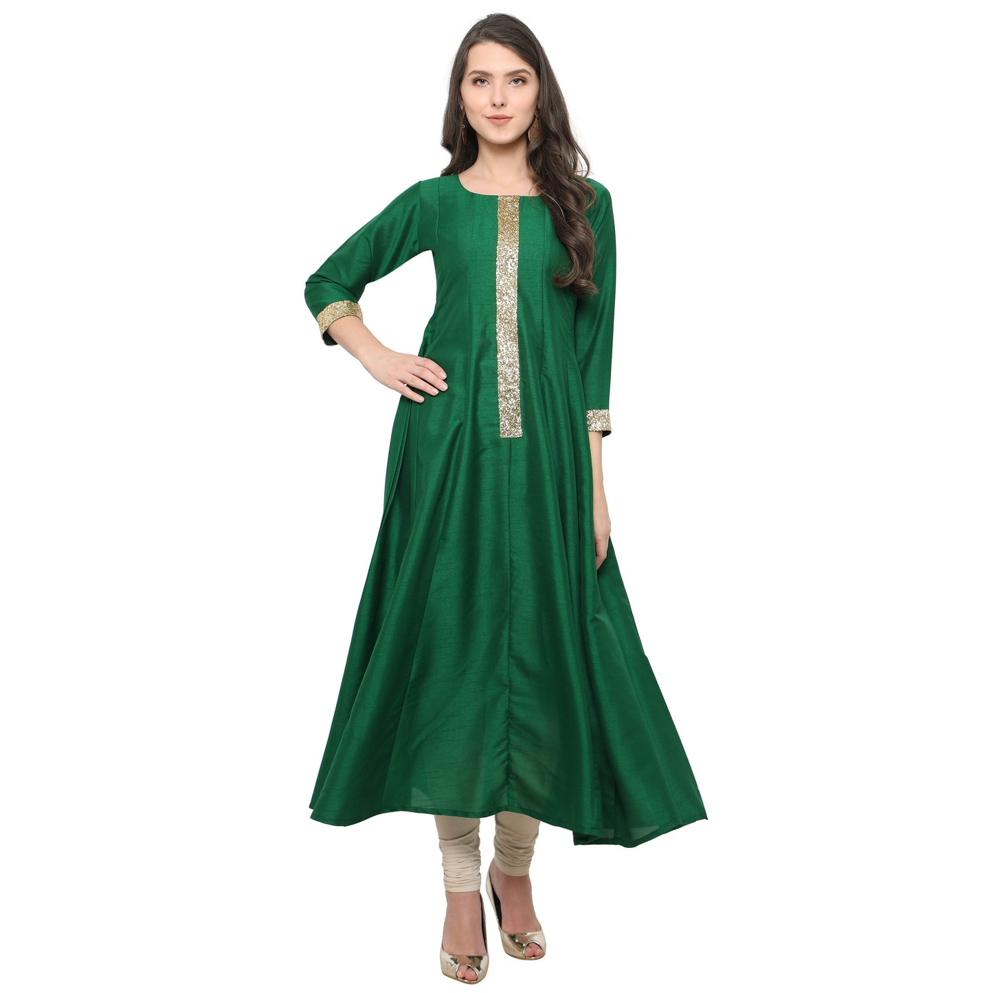 Women's Women's Green And Gold Anarkali Kurta Only For Festive And Party Wear