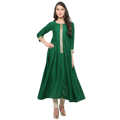 Women's Women's Green And Gold Anarkali Kurta Only For Festive And Party Wear