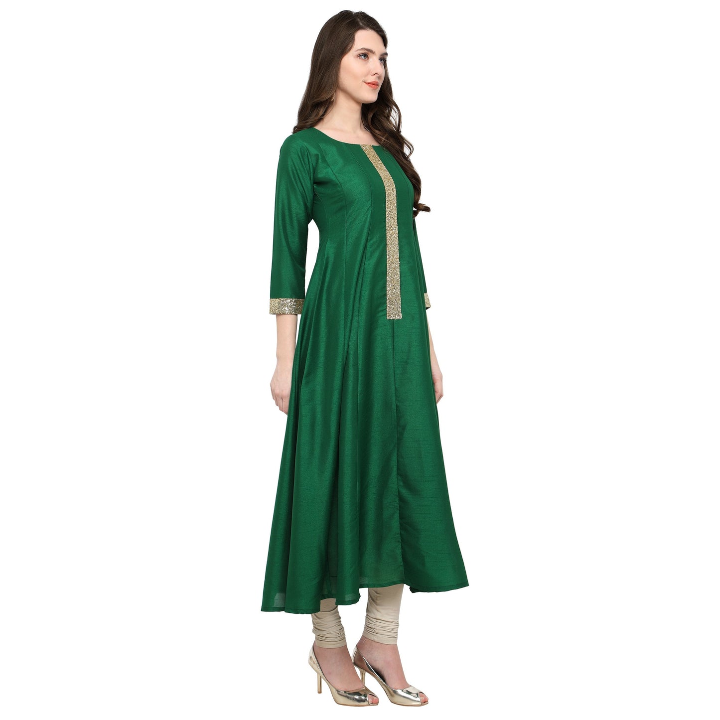 Women's Women's Green And Gold Anarkali Kurta Only For Festive And Party Wear
