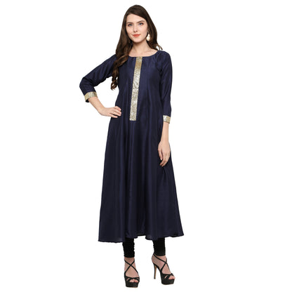 Women's Women's Navy Blue And Gold Only Anarkali Only Kurta For Festive And Party Wear