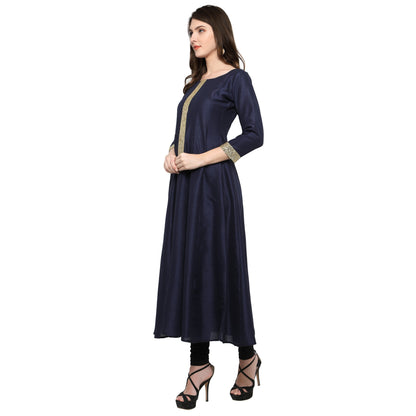 Women's Women's Navy Blue And Gold Only Anarkali Only Kurta For Festive And Party Wear