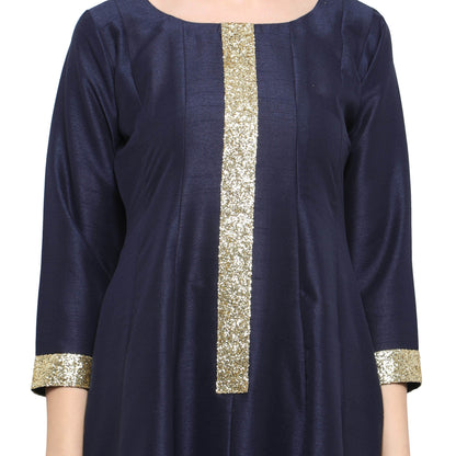 Women's Women's Navy Blue And Gold Only Anarkali Only Kurta For Festive And Party Wear