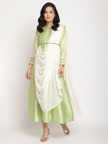 Women's Green Art Silk Kurta With Attached Dupatt
