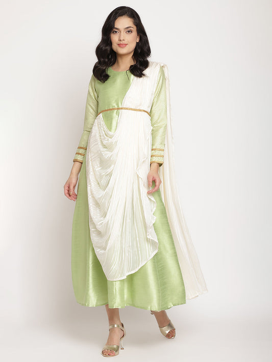 Women's Green Art Silk Kurta With Attached Dupatt