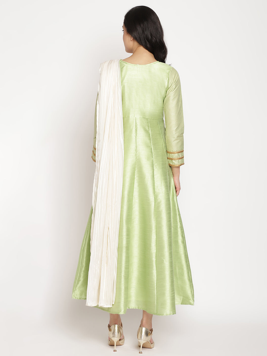 Women's Green Art Silk Kurta With Attached Dupatt