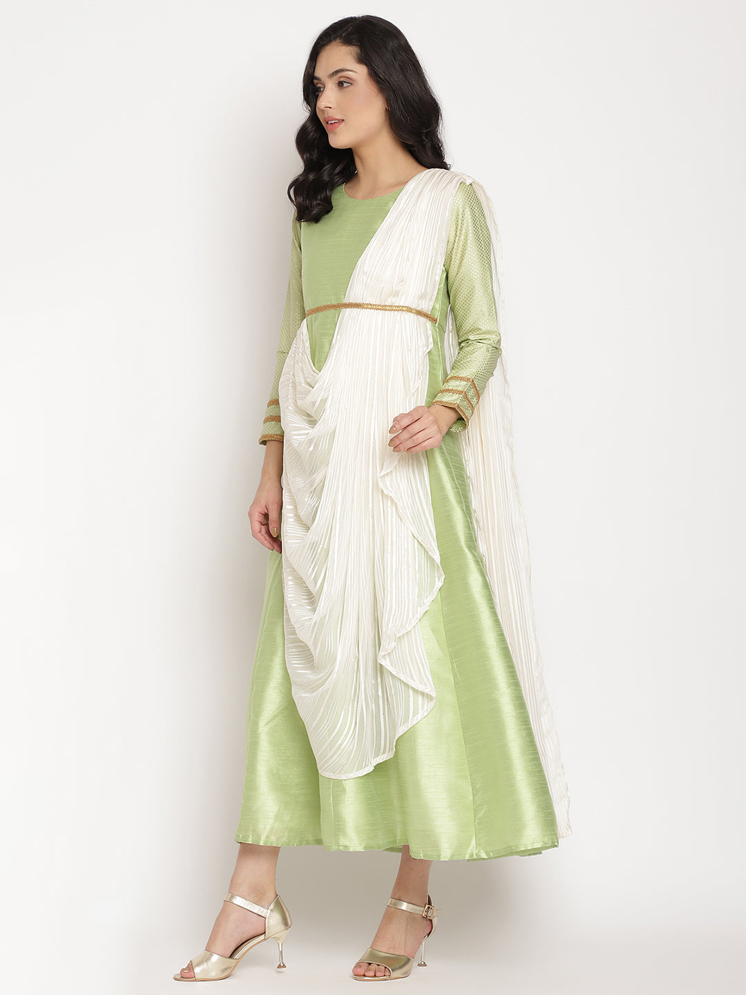 Women's Green Art Silk Kurta With Attached Dupatt