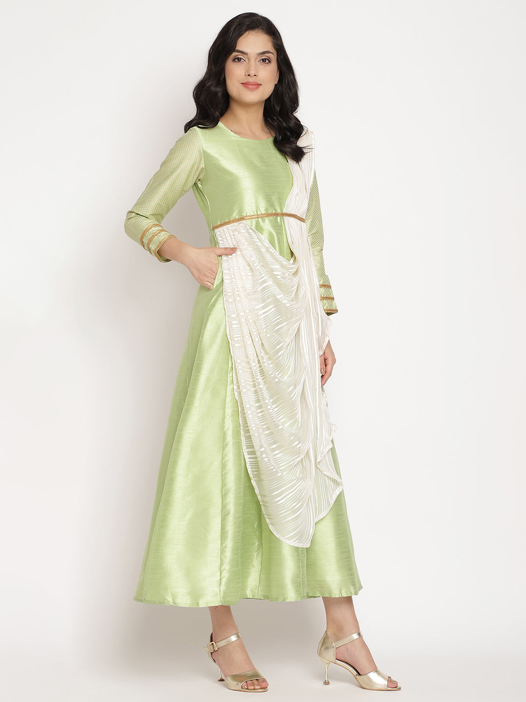 Women's Green Art Silk Kurta With Attached Dupatt