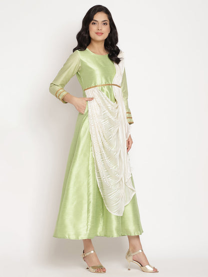 Women's Green Art Silk Kurta With Attached Dupatt