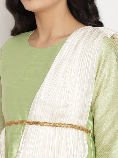 Women's Green Art Silk Kurta With Attached Dupatt