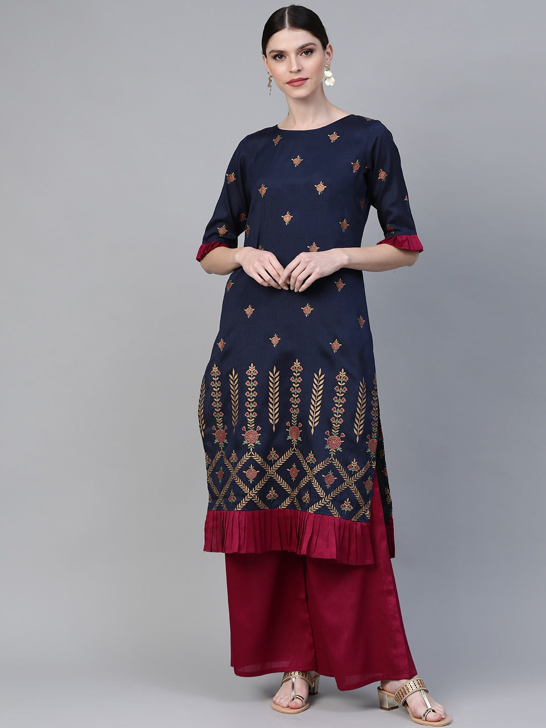 Women's Blue Poly Silk Printed Kurta Palazzo Se