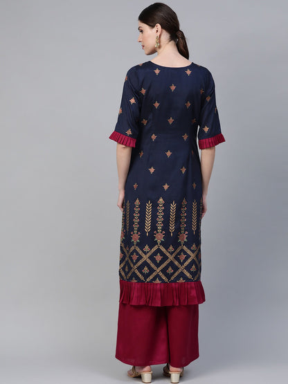 Women's Blue Poly Silk Printed Kurta Palazzo Se