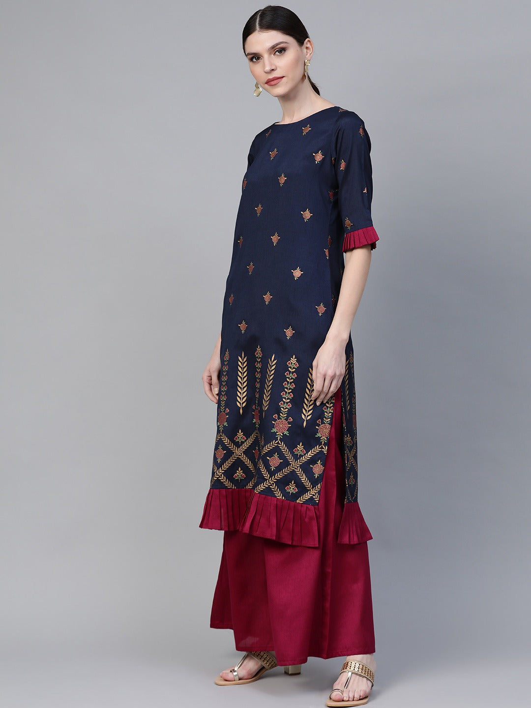 Women's Blue Poly Silk Printed Kurta Palazzo Se