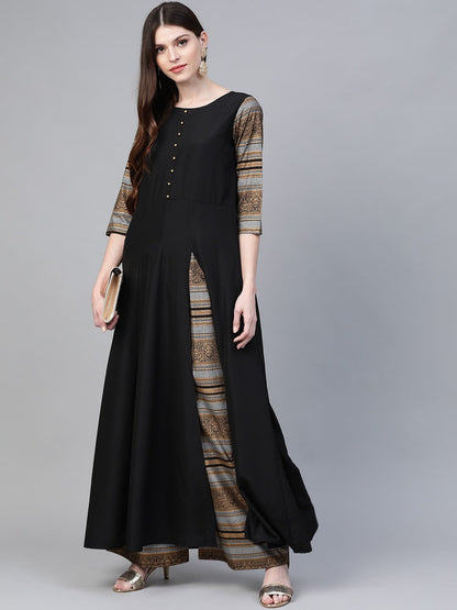 Women's Black Solid Front Slit Kurta With Palazzo