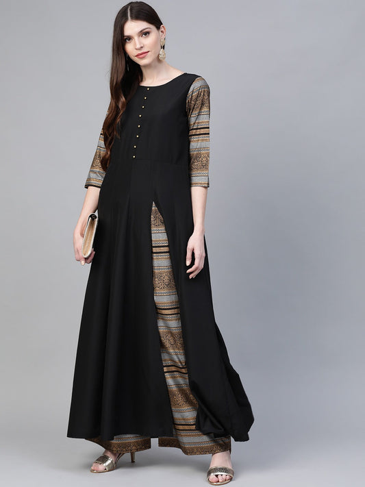 Women's Black Solid Front Slit Kurta With Palazzo