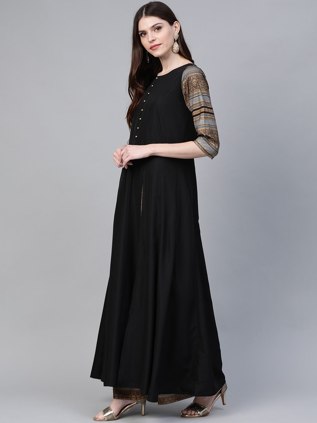 Women's Black Solid Front Slit Kurta With Palazzo