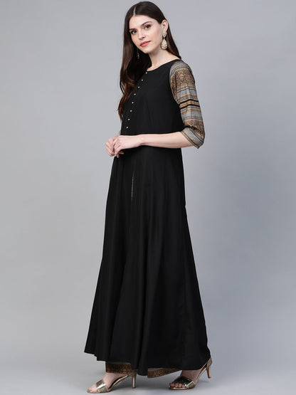 Women's Black Solid Front Slit Kurta With Palazzo