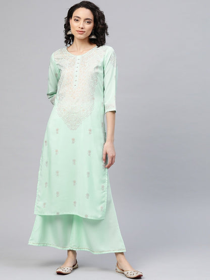 Women's Sea Green Crepe Printed Kurta Palazzo Set