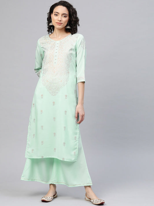 Women's Sea Green Crepe Printed Kurta Palazzo Set