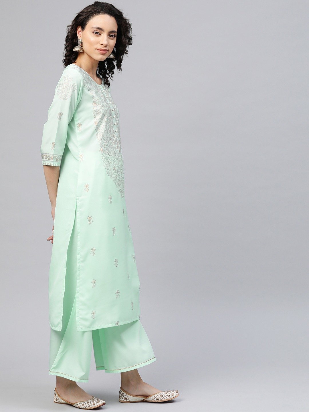 Women's Sea Green Crepe Printed Kurta Palazzo Set