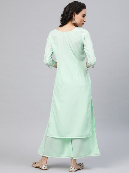 Women's Sea Green Crepe Printed Kurta Palazzo Set