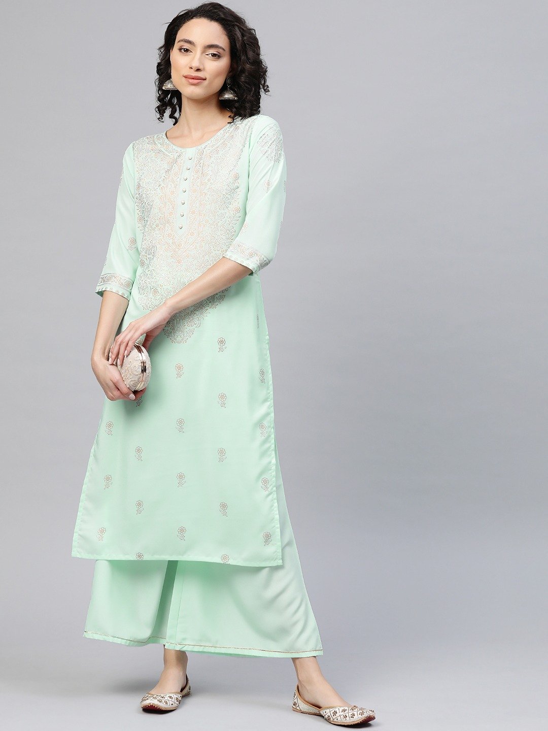 Women's Sea Green Crepe Printed Kurta Palazzo Set