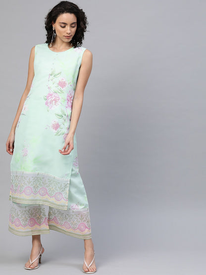 Women's Sea Green Organza Printed Kurta Palazzo Se