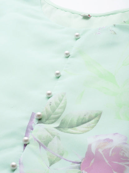 Women's Sea Green Organza Printed Kurta Palazzo Se
