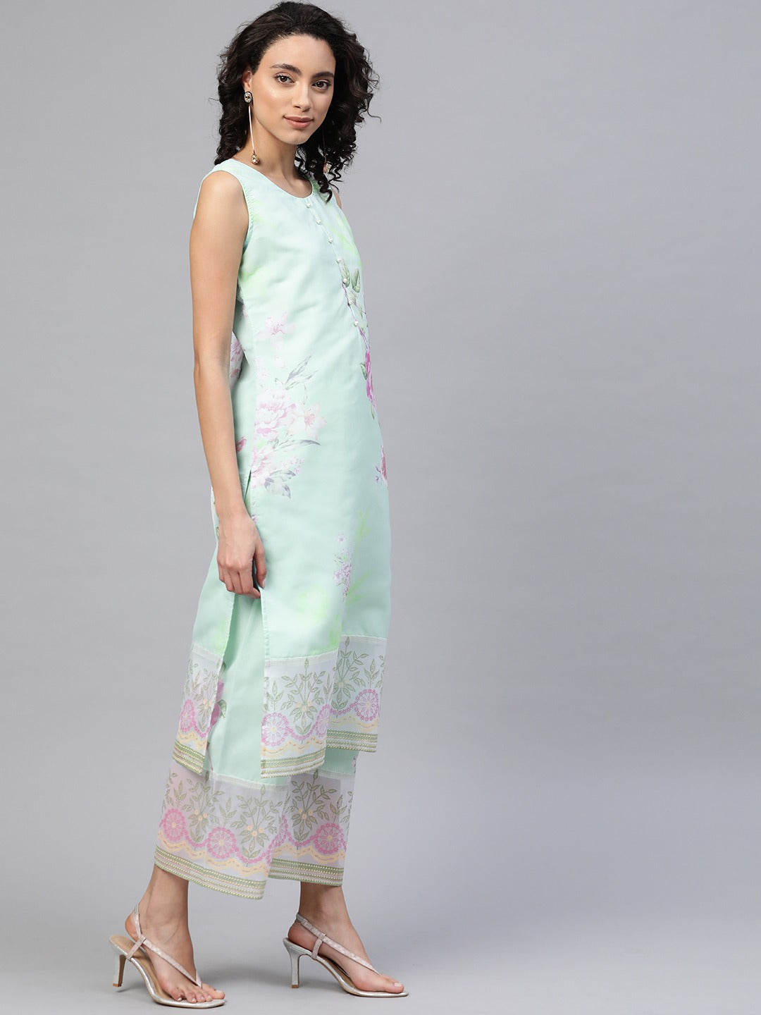 Women's Sea Green Organza Printed Kurta Palazzo Se