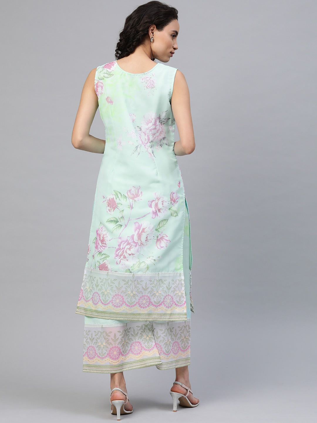 Women's Sea Green Organza Printed Kurta Palazzo Se