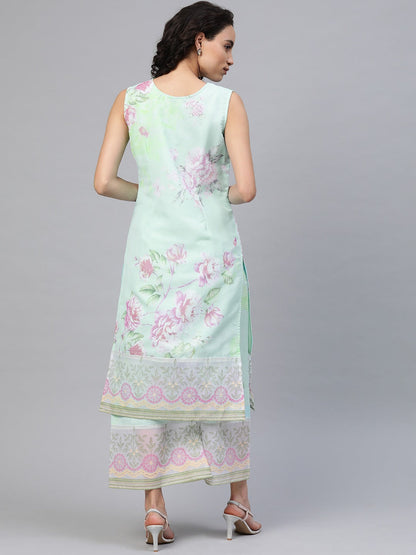 Women's Sea Green Organza Printed Kurta Palazzo Se