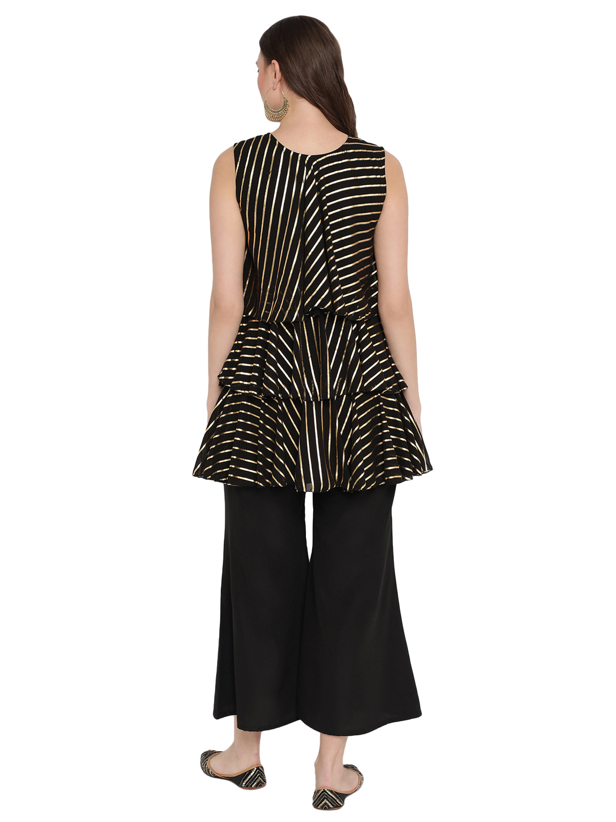 Women's Black Georgette Gold Printed Top With Plazzo