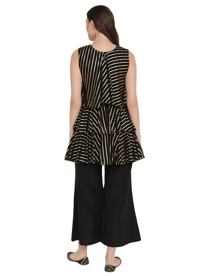 Women's Black Georgette Gold Printed Top With Plazzo