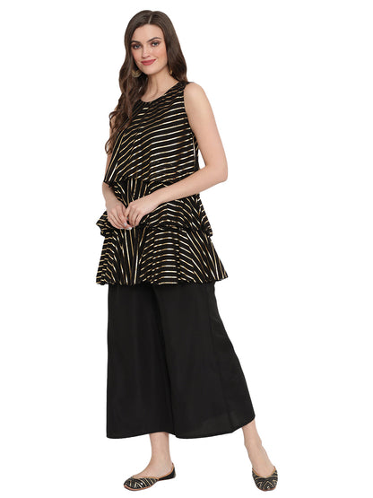Women's Black Georgette Gold Printed Top With Plazzo