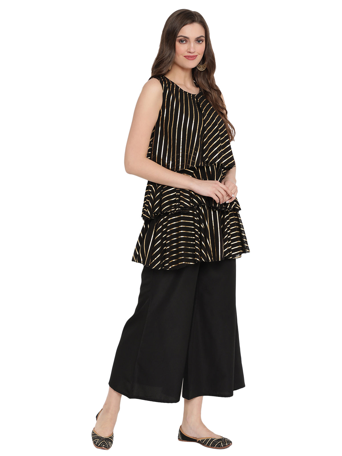Women's Black Georgette Gold Printed Top With Plazzo
