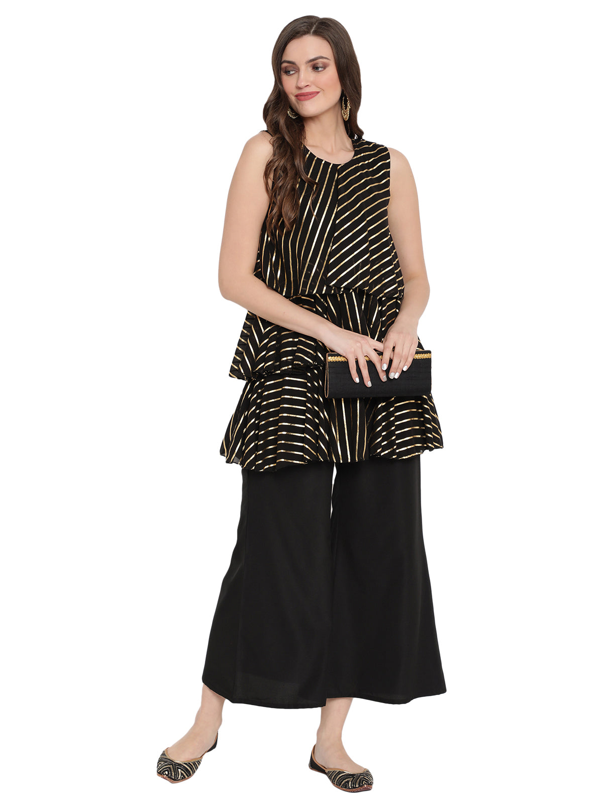 Women's Black Georgette Gold Printed Top With Plazzo