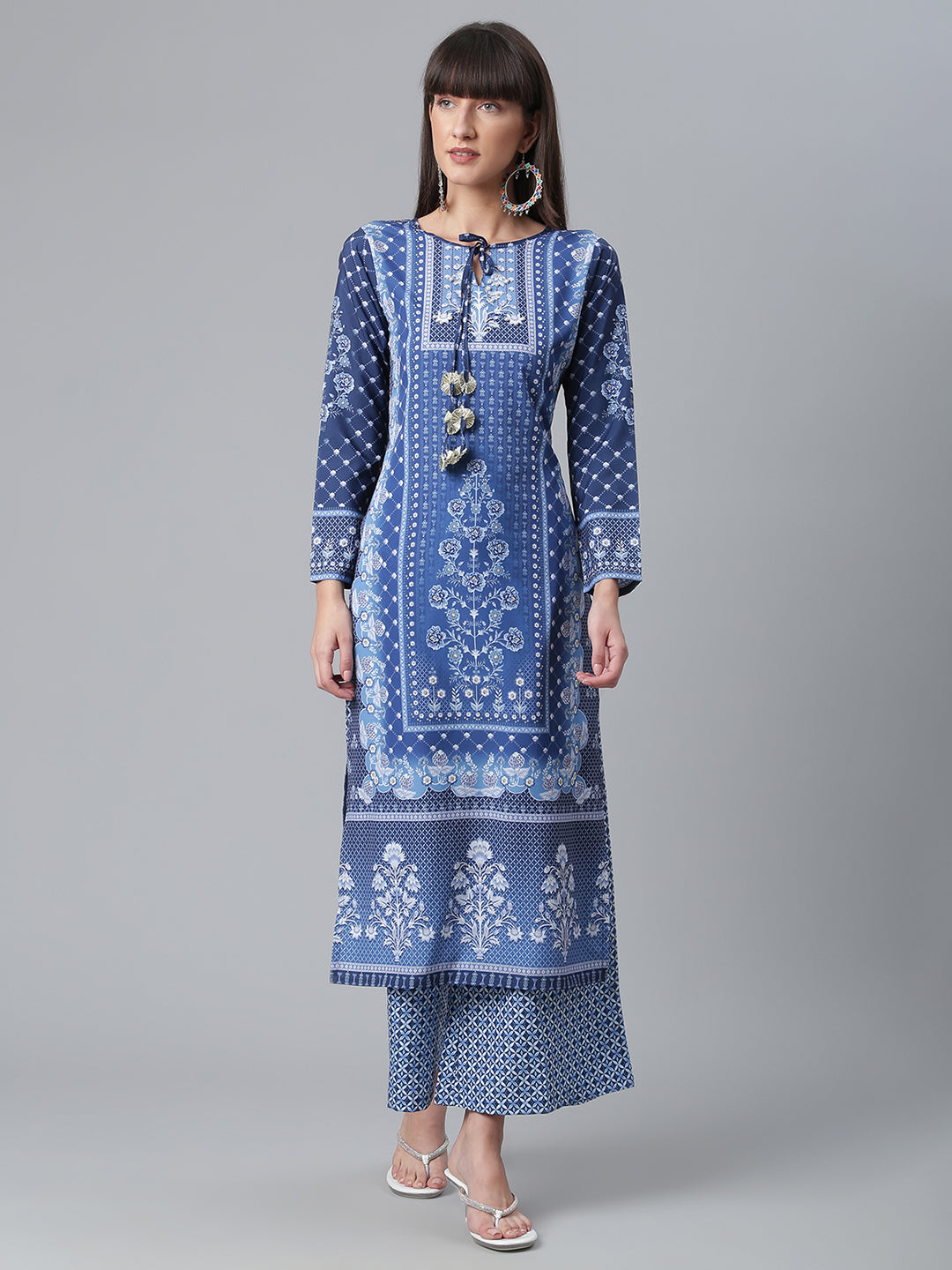 Women's Crepe Navy Blue Kurta With Palazzo