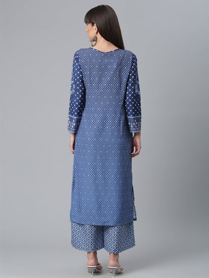 Women's Crepe Navy Blue Kurta With Palazzo
