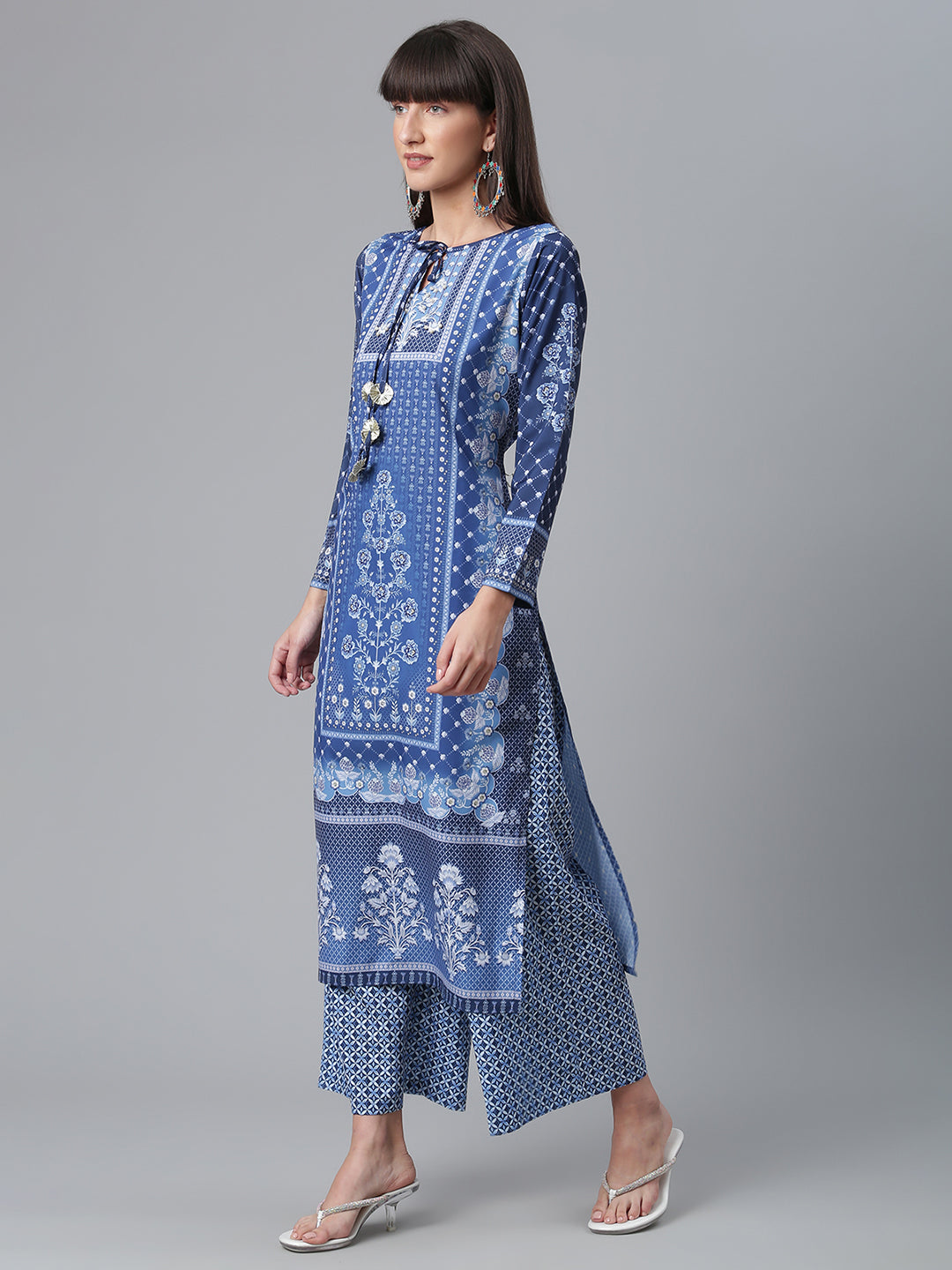 Women's Crepe Navy Blue Kurta With Palazzo