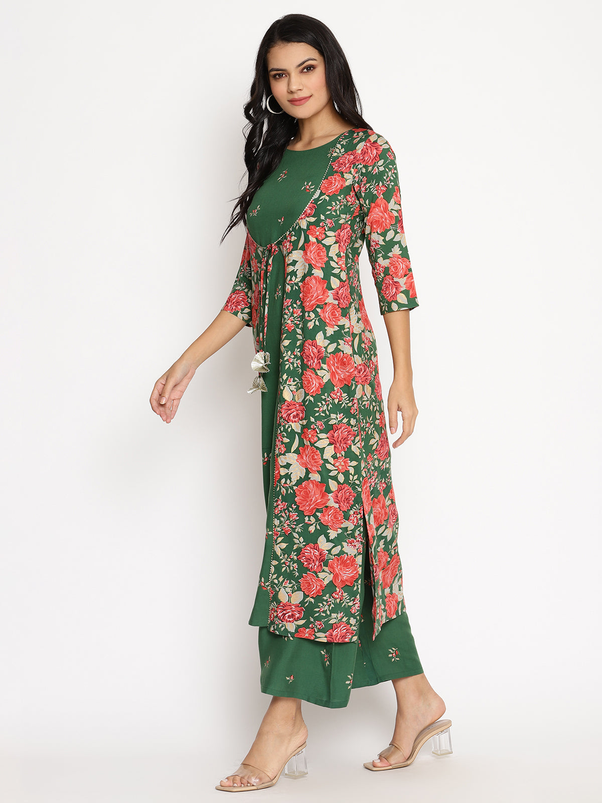 Women's Green Rayon Printed Kurta Palazzo Se