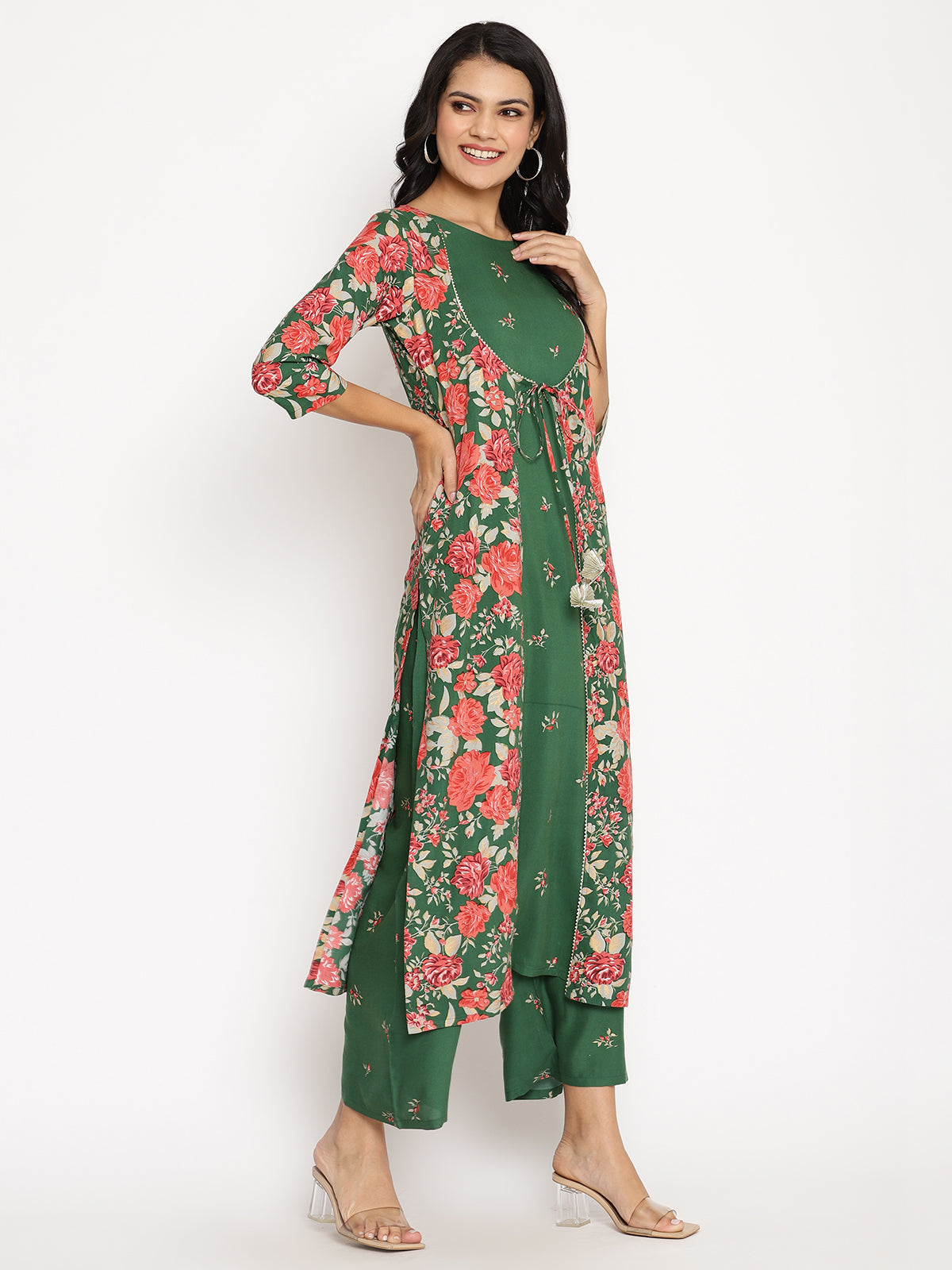 Women's Green Rayon Printed Kurta Palazzo Se