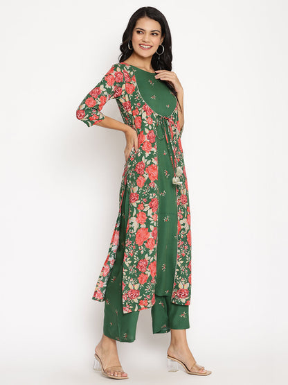 Women's Green Rayon Printed Kurta Palazzo Se